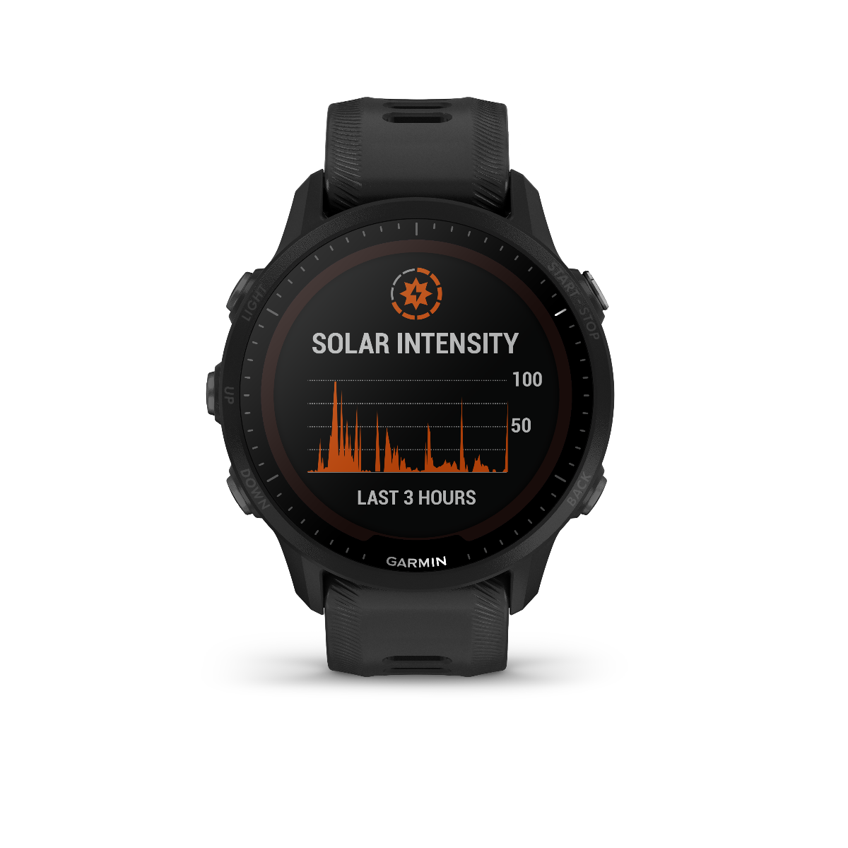 Garmin Forerunner 955 Solar smartwatch in black with solar intensity display.
