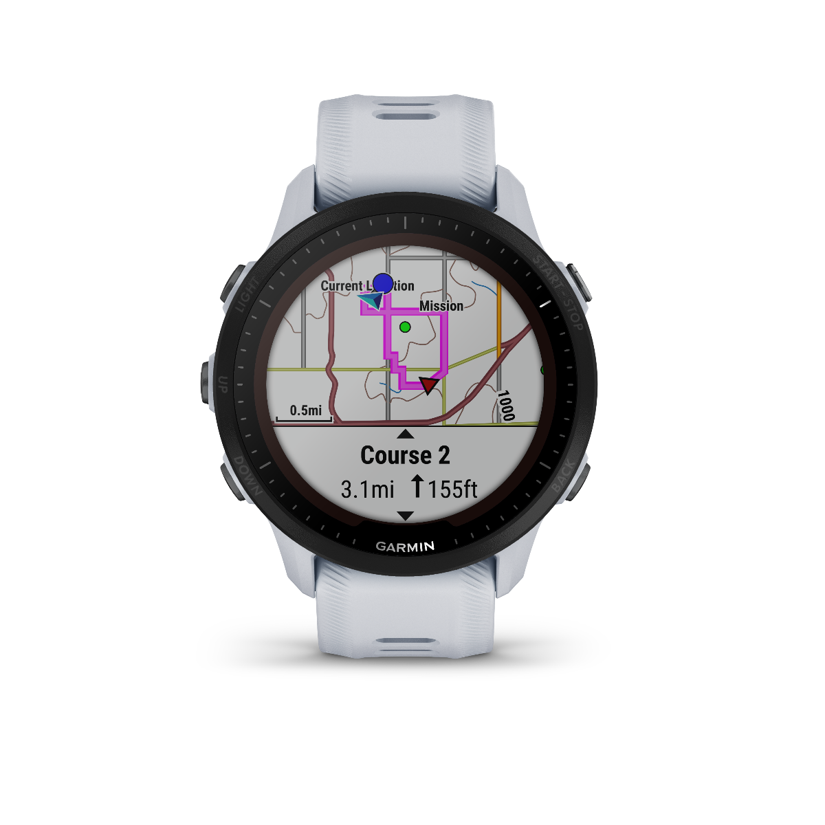 Garmin Forerunner 955 Solar Whitestone smartwatch with light-gray strap and built-in map display
