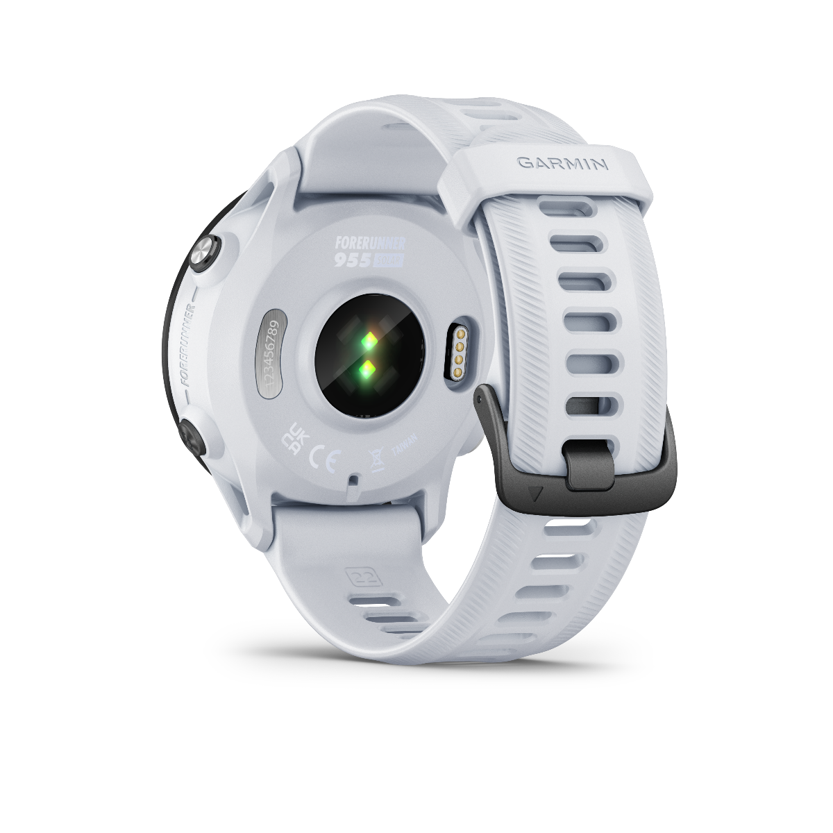 Garmin Forerunner 955 Solar Whitestone smart watch back view with green LEDs