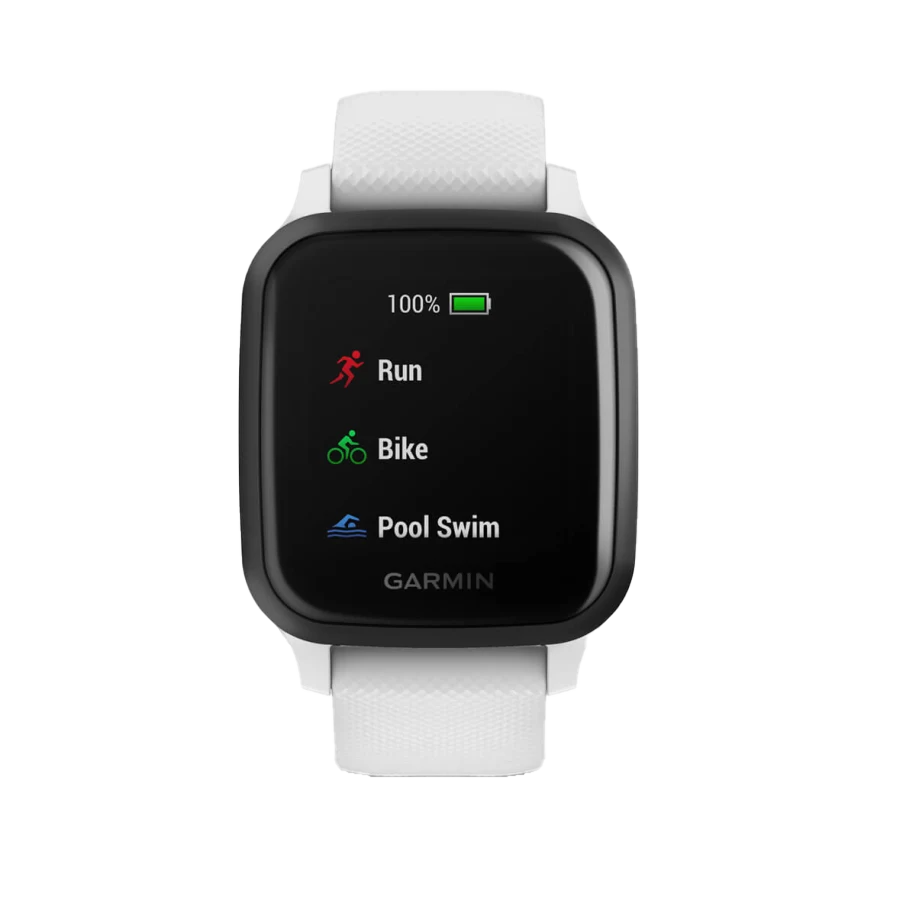Garmin Venu Sq Music Smartwatch, slate bezel with white band, Garmin Certified Refurbished
