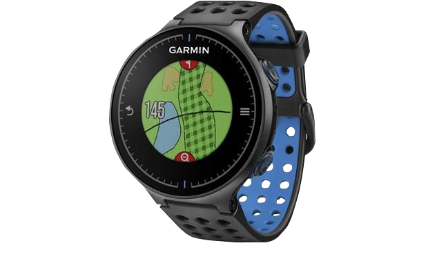 Garmin Approach S5 Golf GPS Smartwatch with black bezel and blue perforated strap, refurbished