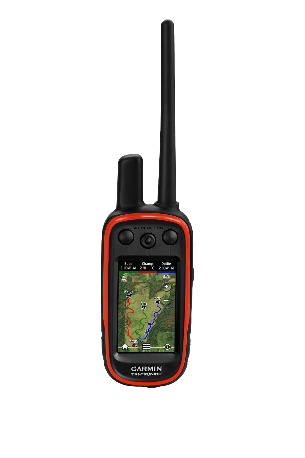 Garmin Alpha 100 handheld GPS tracking device with red bezel and long antenna, refurbished