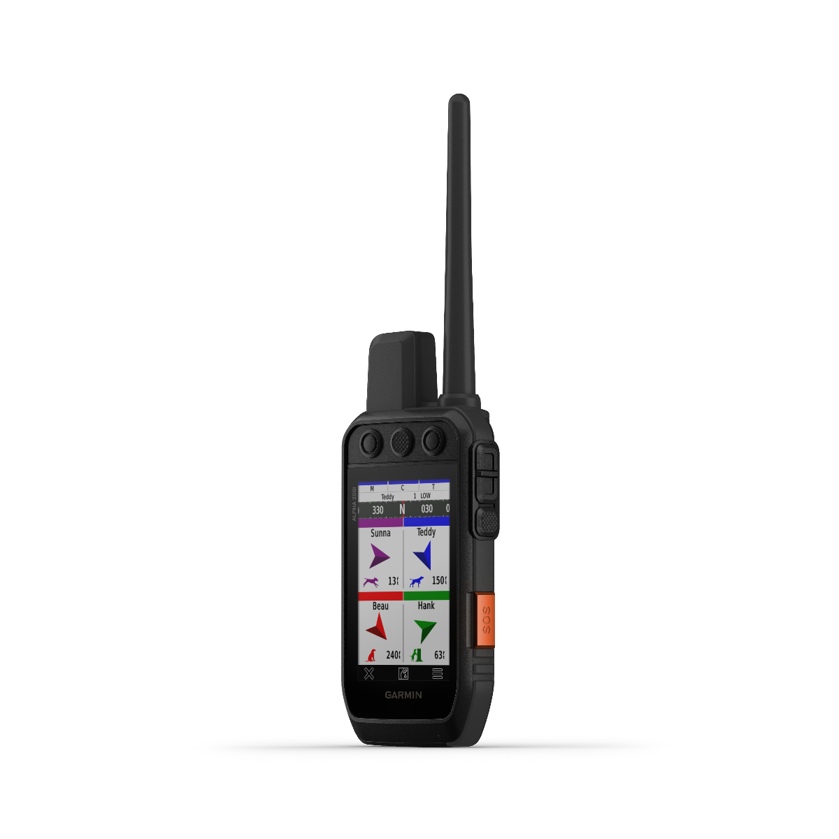 Garmin Alpha 200i handheld dog-tracking device, black with tall antenna and orange SOS button