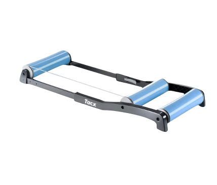 Tacx pair of bike trainer rollers with blue rollers and black frame for indoor cycling