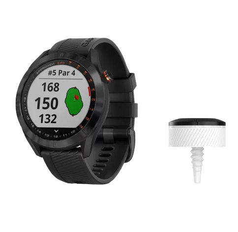 Garmin Approach S40 golf GPS smartwatch bundle with CT10 sensors, black watch and 3 white pods