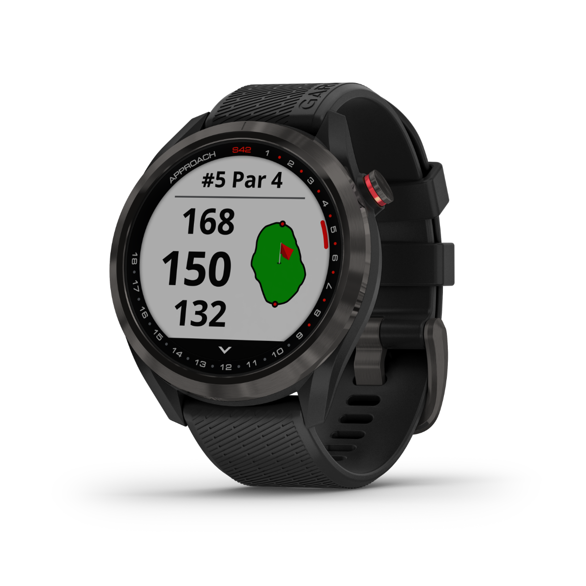Garmin Approach S42 black golf GPS smartwatch with round display and silicone band