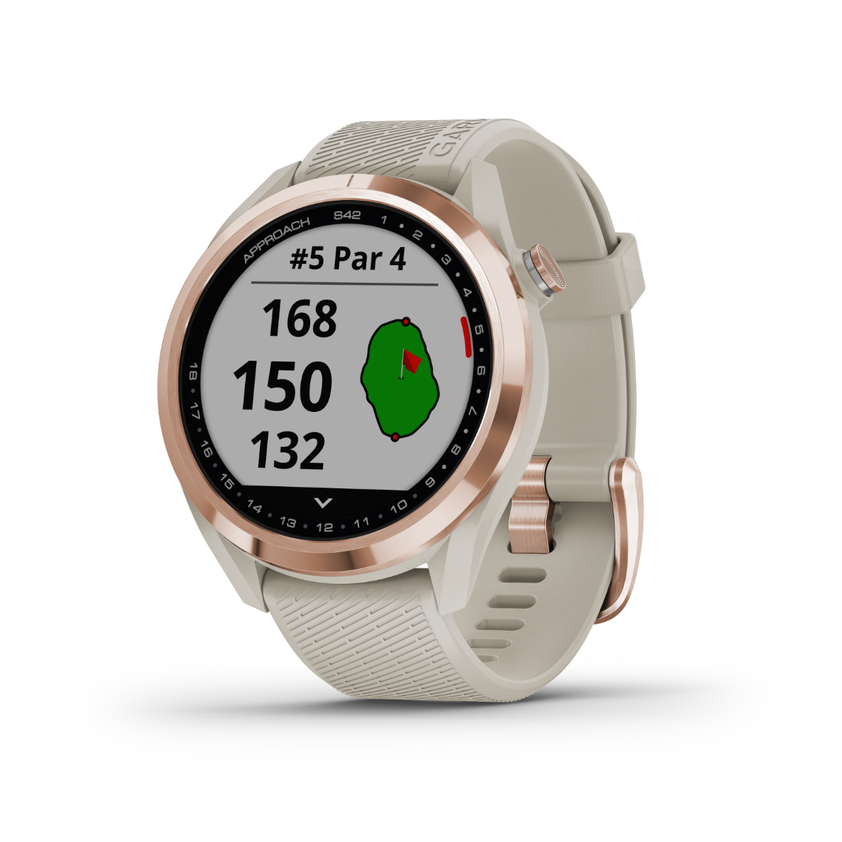 Garmin Approach S42 golf GPS smartwatch with rose gold bezel and light sand band