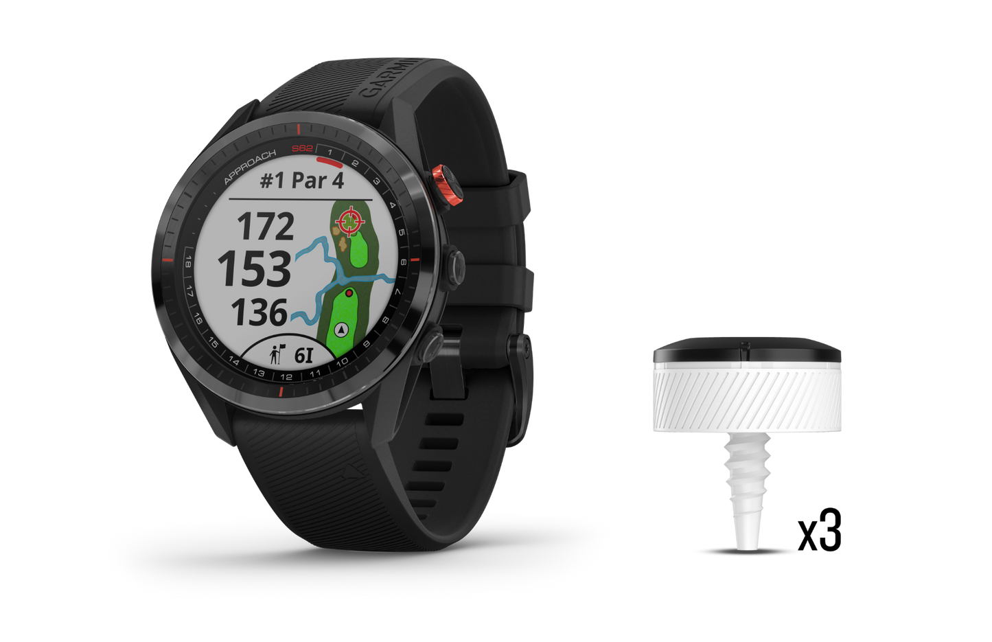 Garmin Approach S62 Bundle: black golf GPS smartwatch with CT10 sensors (1 watch, 1 CT10)