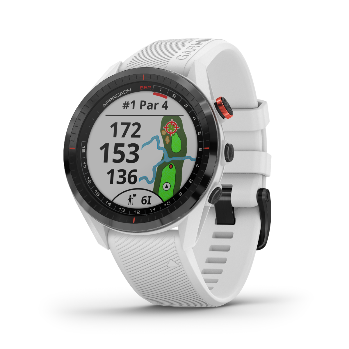 Garmin Approach S62 golf GPS smartwatch, white band, certified refurbished
