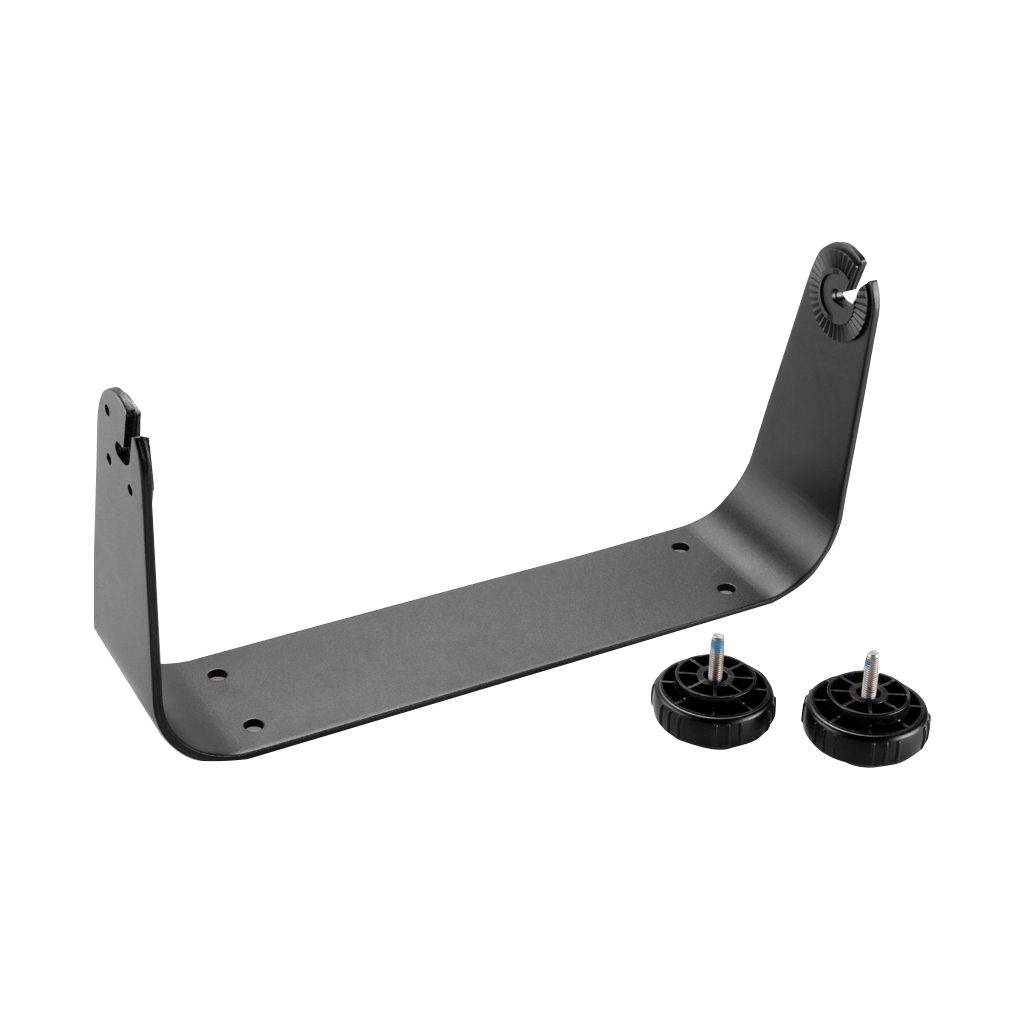 Garmin bail mount with knobs for GPSMAP 800 Series, gray metal bracket and two black knob assemblies.