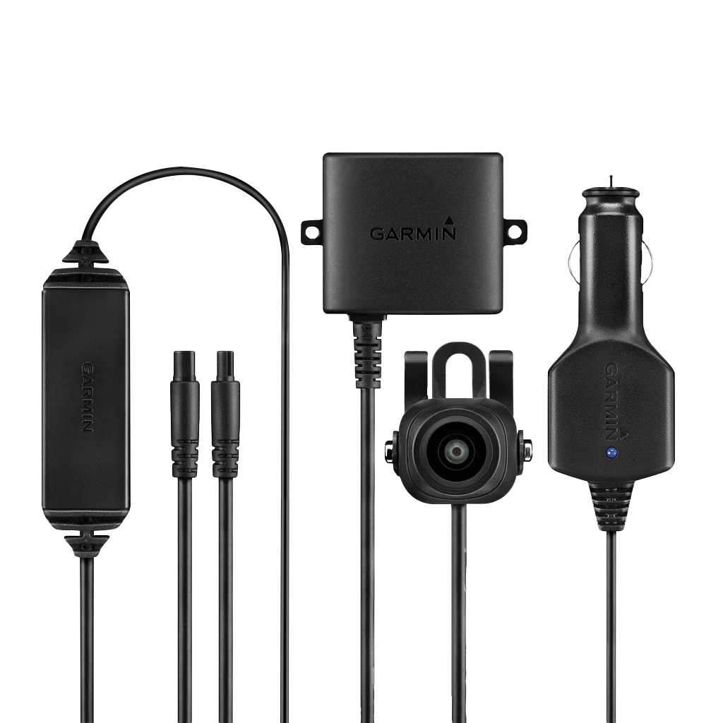 Garmin BC 30 wireless backup camera system with transmitter and black vehicle power adapters