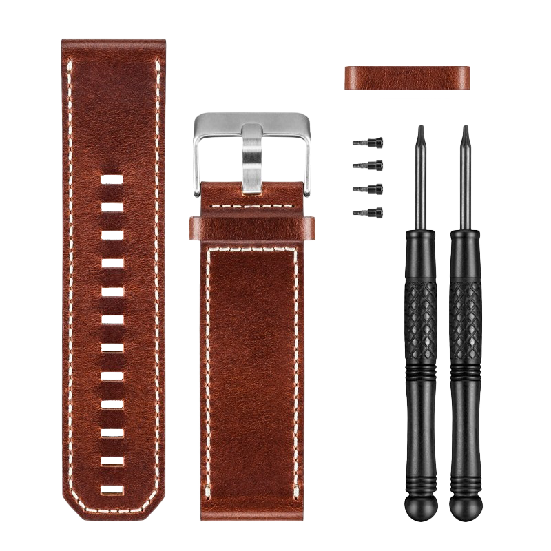 Garmin brown leather watch band with buckle; includes extra strap piece, two screwdrivers and three screws