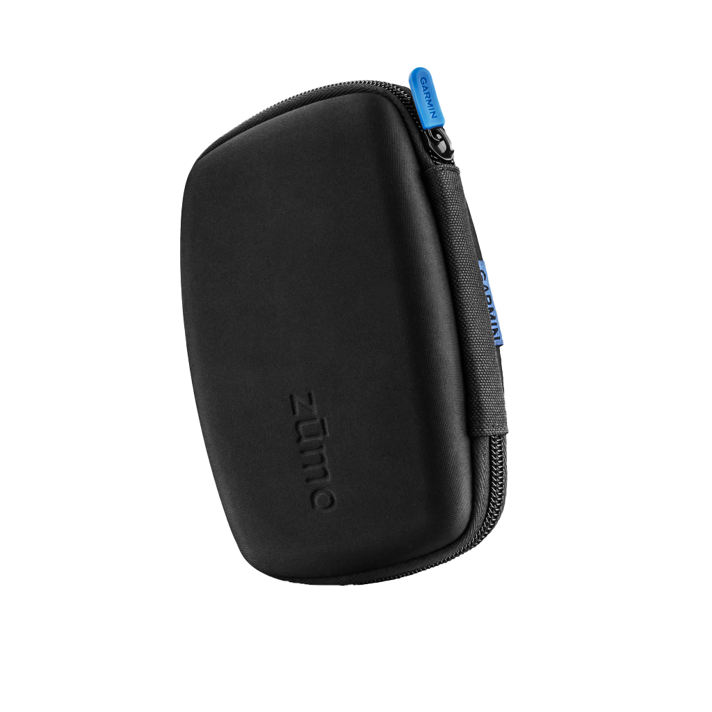 Garmin carrying case for Zumo, black hard-shell GPS case with blue zipper pull.
