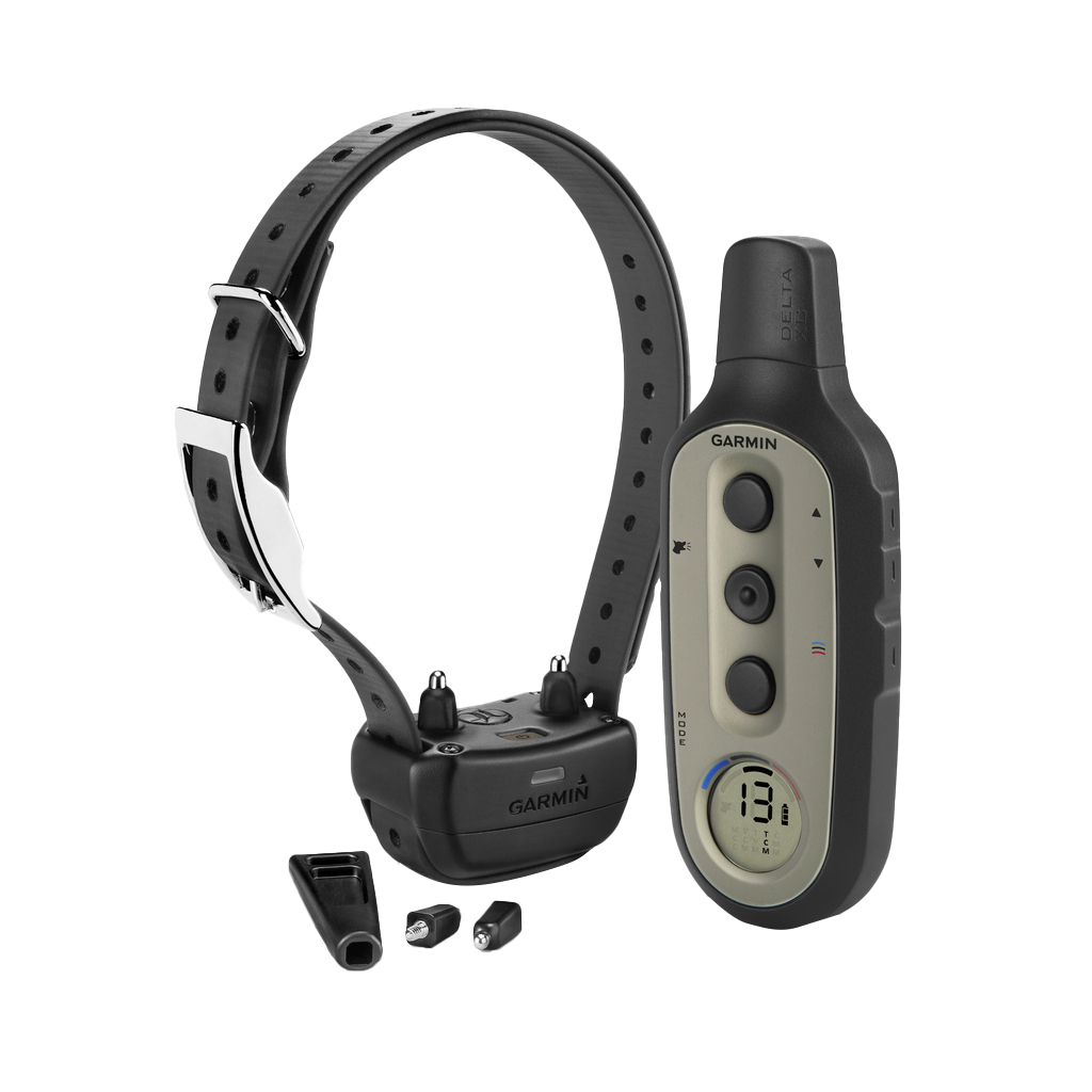 Garmin Delta Sport XC Bundle, handheld remote and dog collar with accessories.