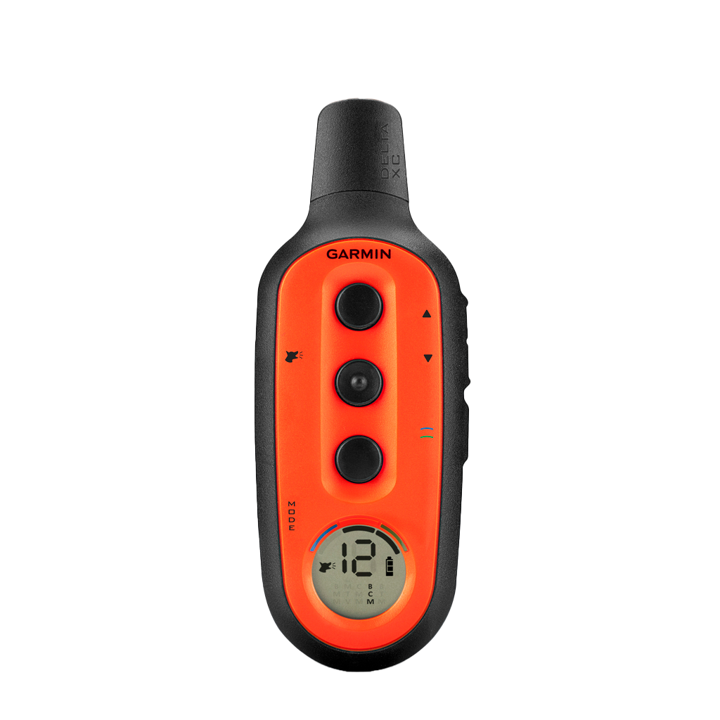Garmin Delta Upland XC handheld remote dog trainer in bright orange with black frame