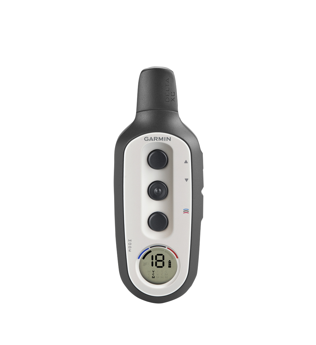 Garmin Delta XC Handheld remote trainer, gray body with white front panel and LCD display