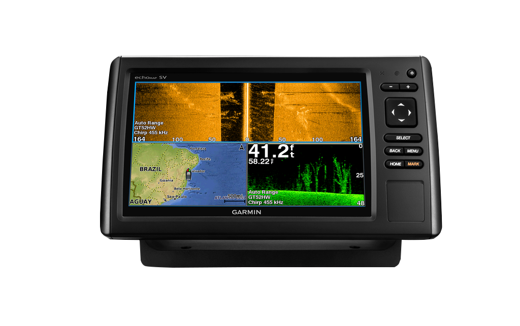 Garmin ECHOMAP CHIRP 92sv marine chartplotter display, black unit with map and sonar screen (no transducer)