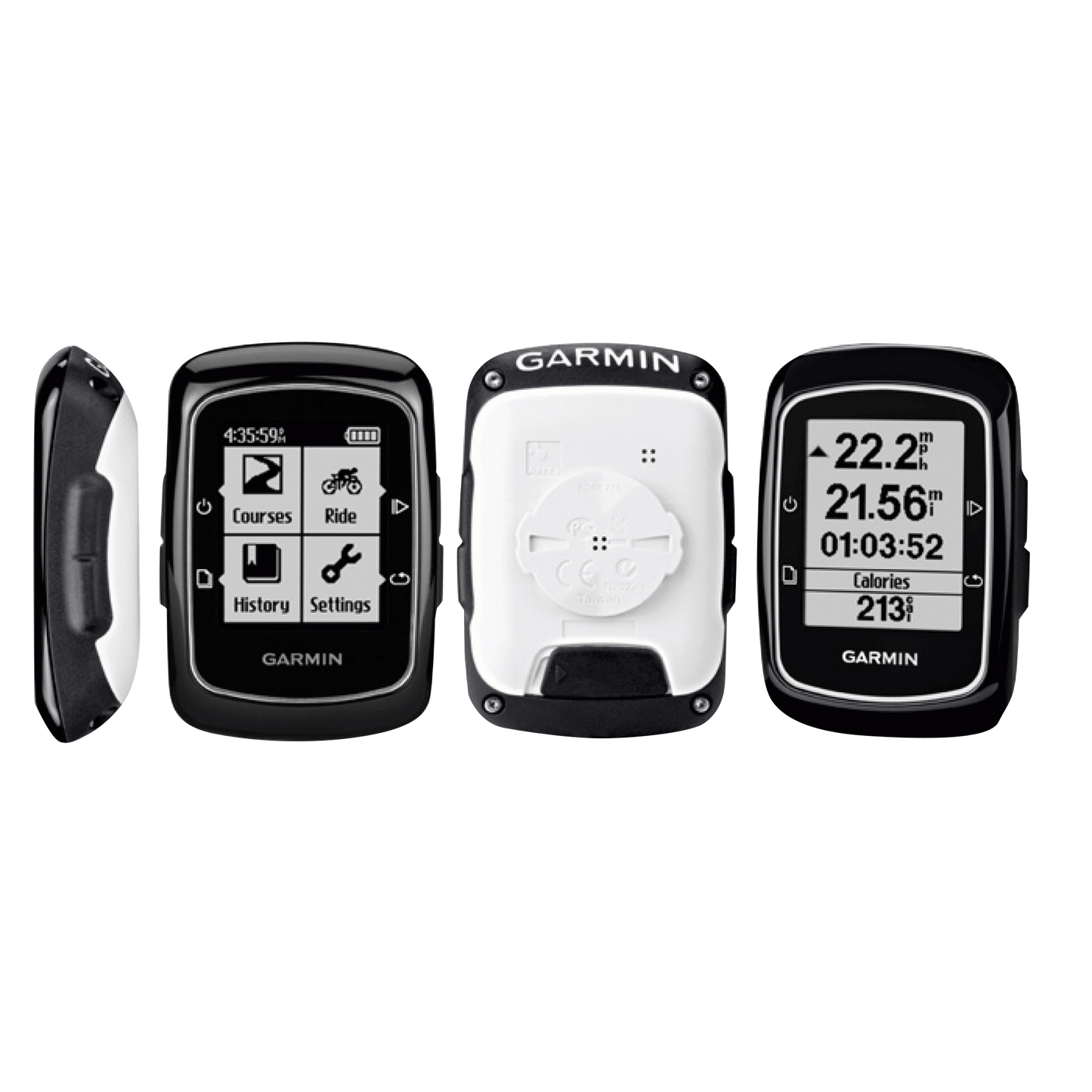 Garmin Edge 200 bicycle computers, three black units with screens displaying routes and stats