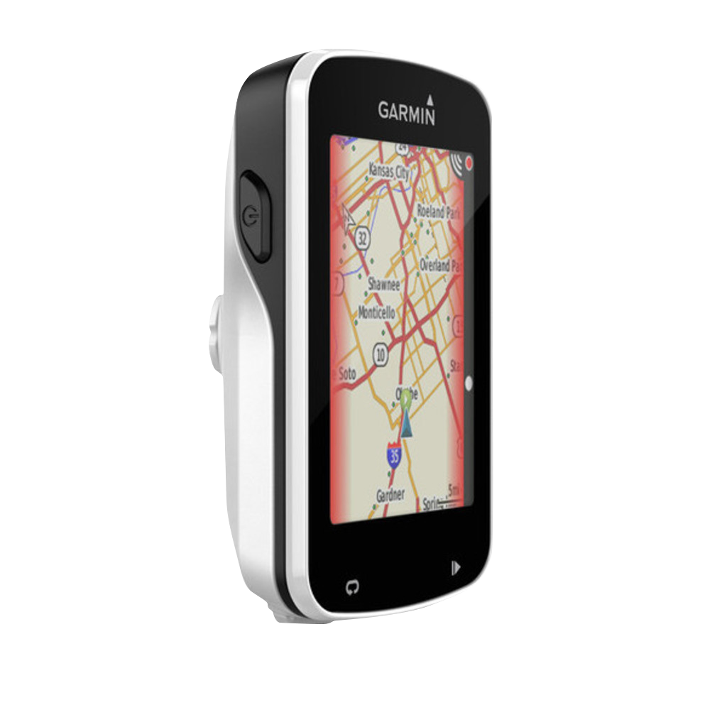 Garmin Edge Explore 820 bike computer, black front with silver sides, displaying colorful map navigation on screen
