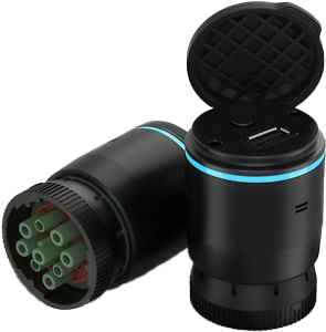 Garmin eLog Compliant ELD (010-01876-00) black circular connector with blue ring and flip-cap