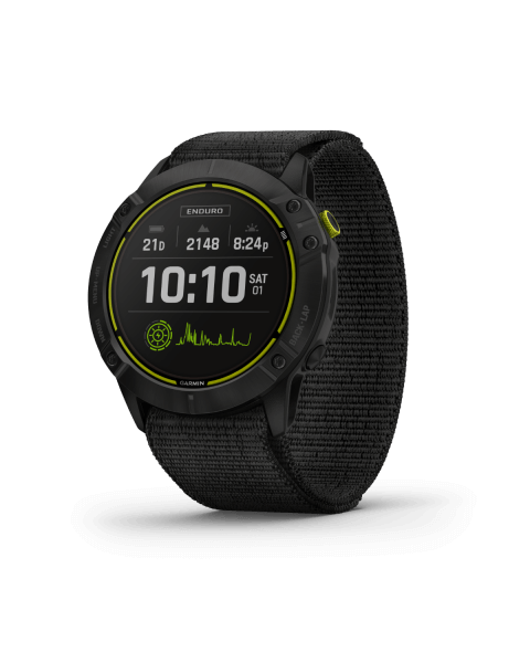 Garmin Enduro smartwatch, carbon gray DLC titanium bezel with yellow accents and black UltraFit nylon strap