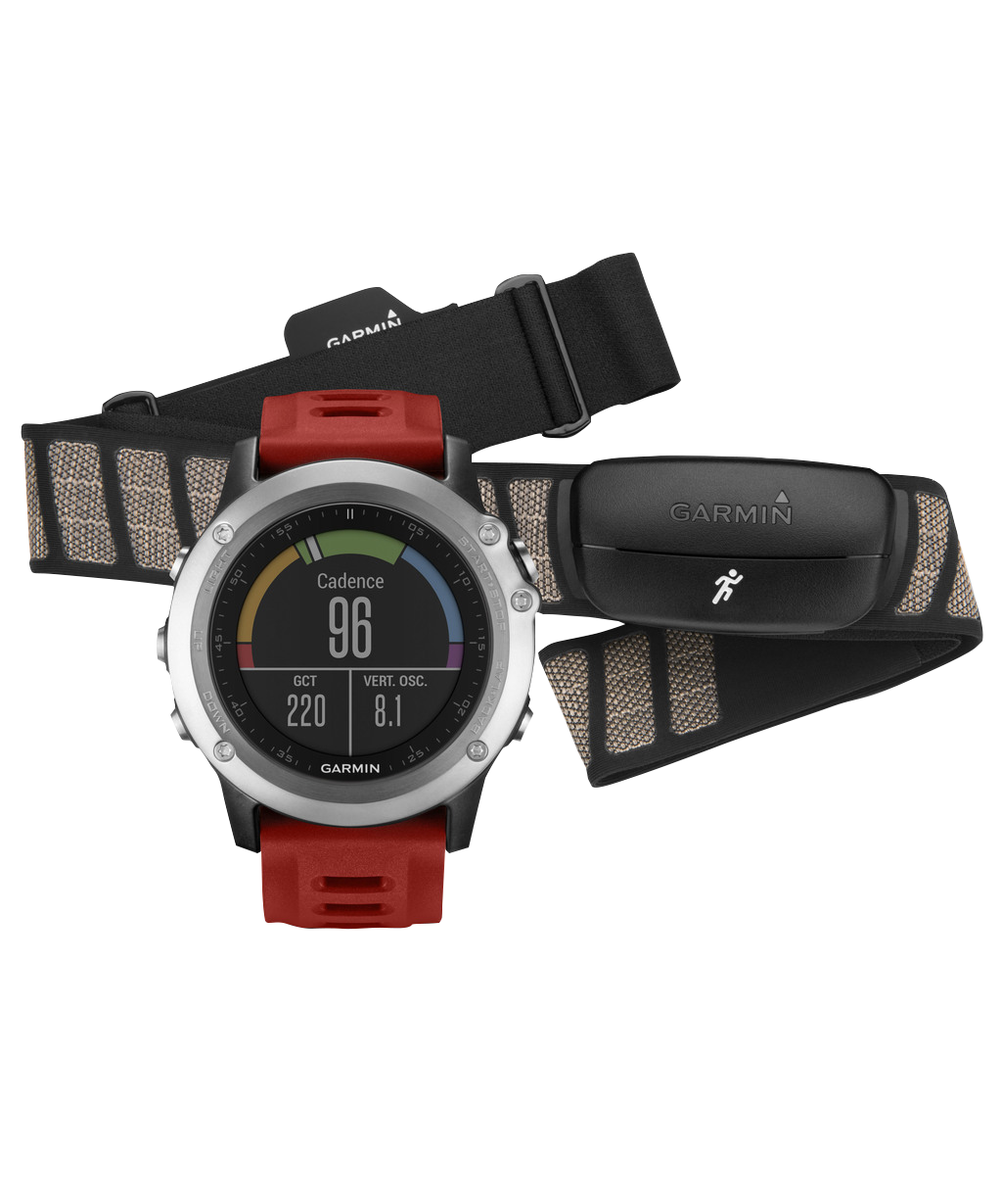 Garmin Fenix 3 smartwatch, silver case with red silicone band; includes extra black mesh strap in the Performer Bundle