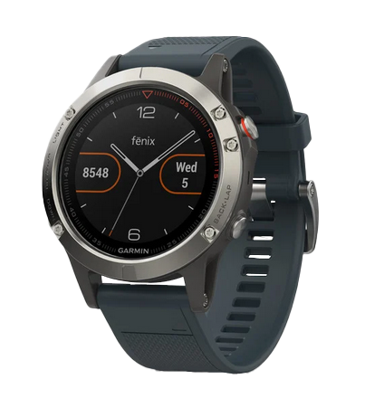 Garmin Fenix 5 GPS Smartwatch, silver case with granite blue band, certified refurbished