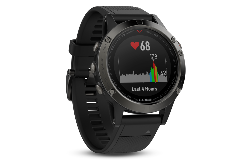 Garmin Fenix 5 slate-gray smartwatch with black silicone band