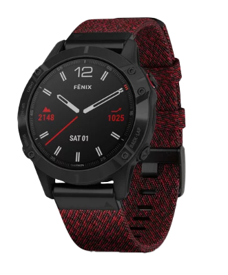 Garmin Fenix 6 Sapphire Black DLC smartwatch with heathered red nylon band