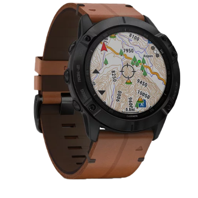 Garmin Fenix 6X Sapphire smartwatch with black bezel and chestnut leather band, map on screen