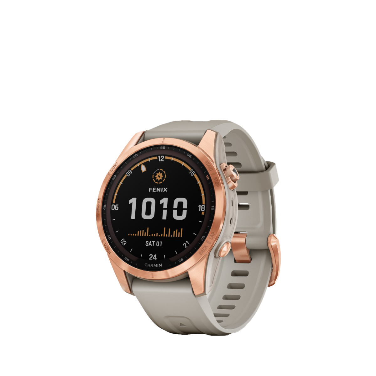 Garmin fenix 7S Solar smartwatch, rose gold case with light sand band, refurbished