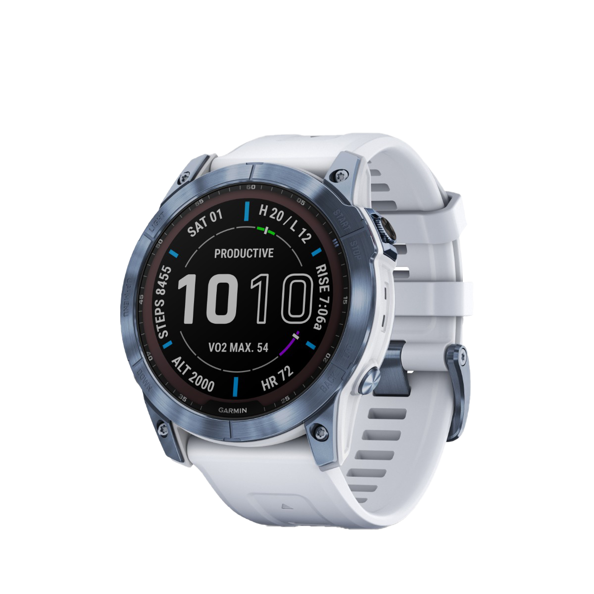 Garmin Fenix 7x Sapphire Solar watch with Mineral Blue DLC Titanium bezel and Whitestone white band