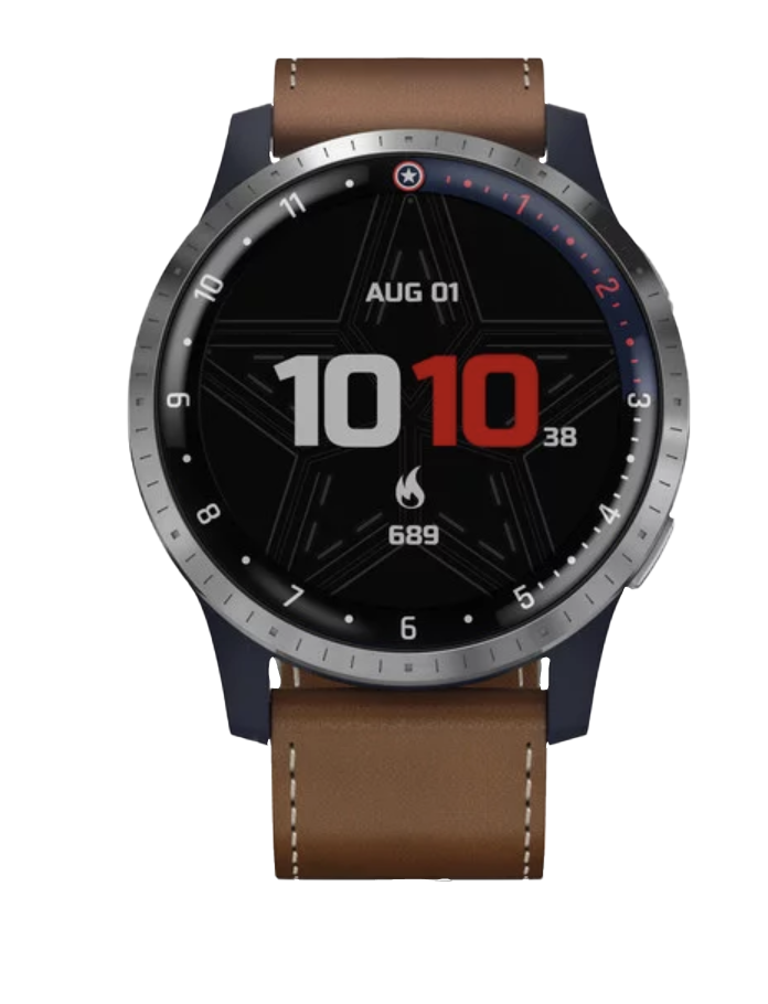 Garmin First Avenger Legacy smart watch with brown leather strap and silver bezel