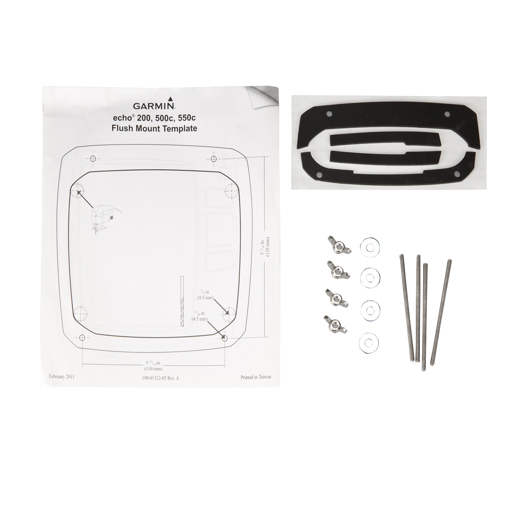 Garmin flush mount kit for Echo; includes template sheet, black gasket, stainless steel screws and washers