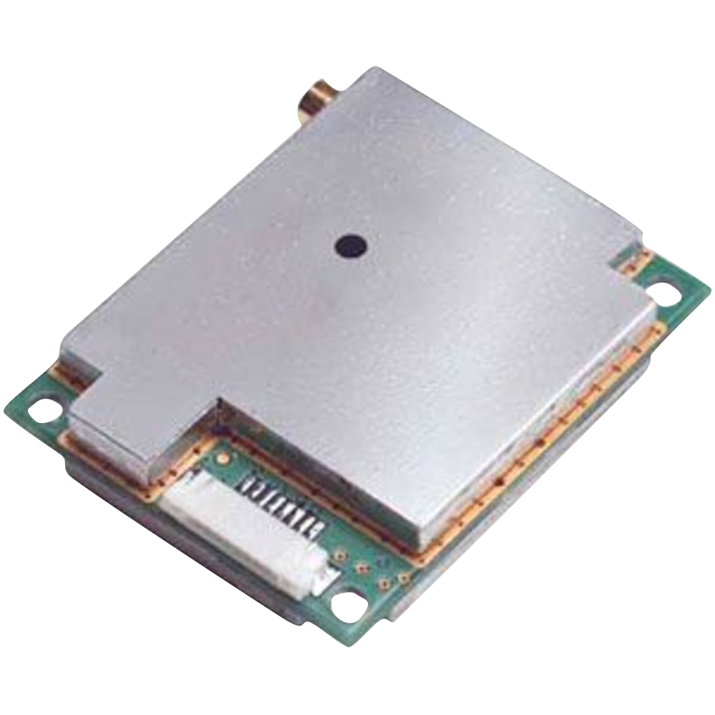 Garmin GPS 15xH-W Sensor module; metal shield, green PCB with white connector.