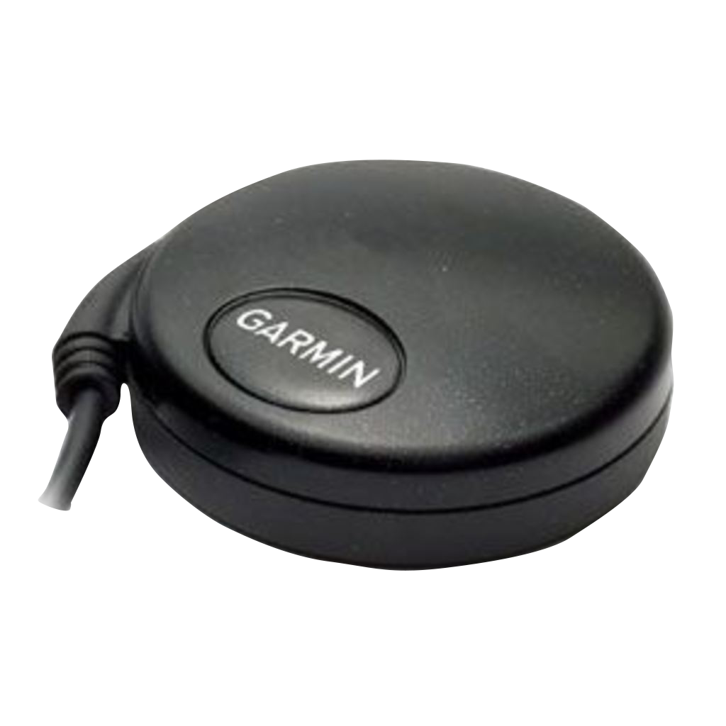 Garmin GPS 18x PC GPS sensor, black circular unit with Garmin logo.