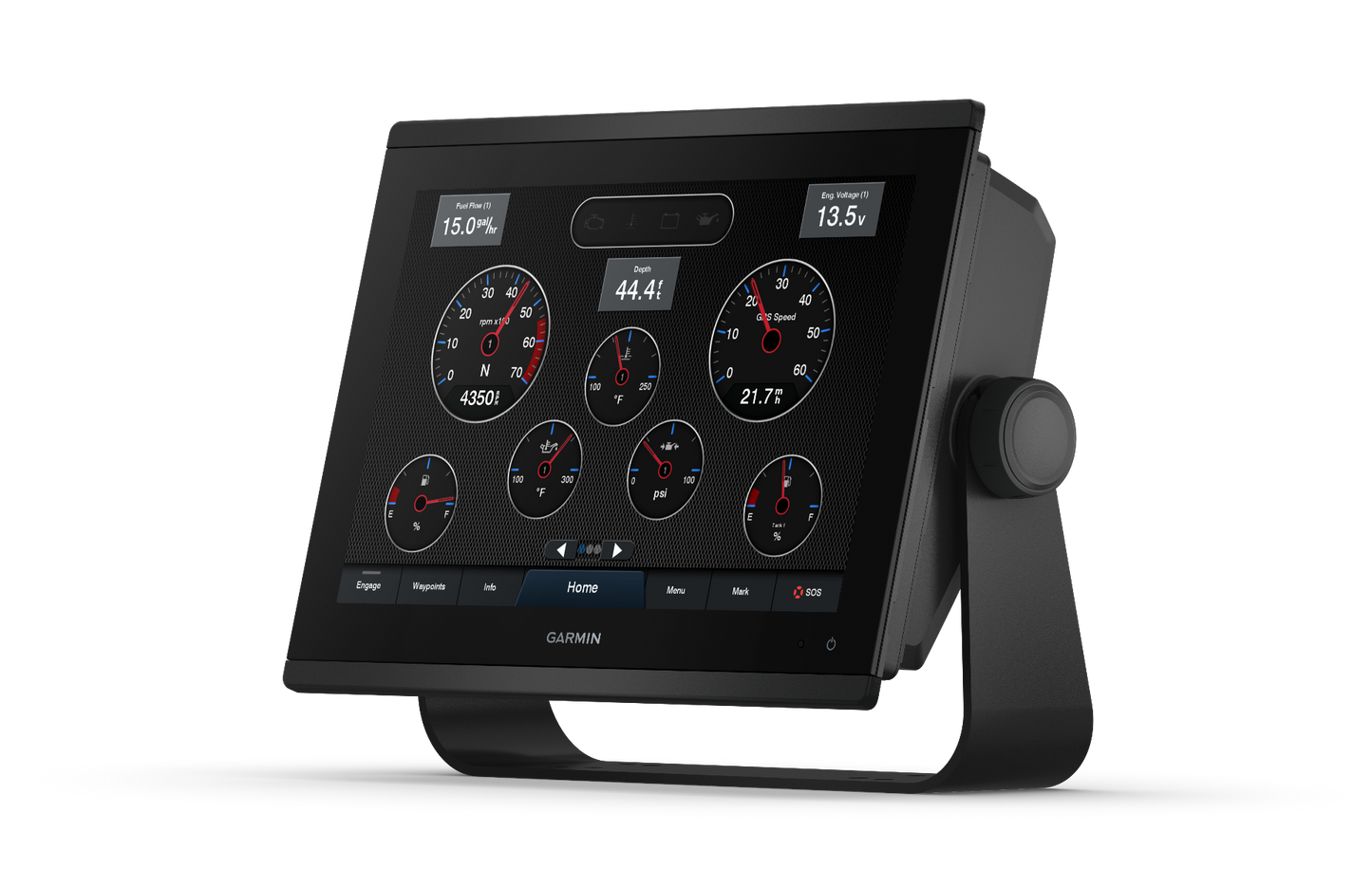 Garmin GPSMAP 1243xsv marine chartplotter on a black stand with a multi-gauge display