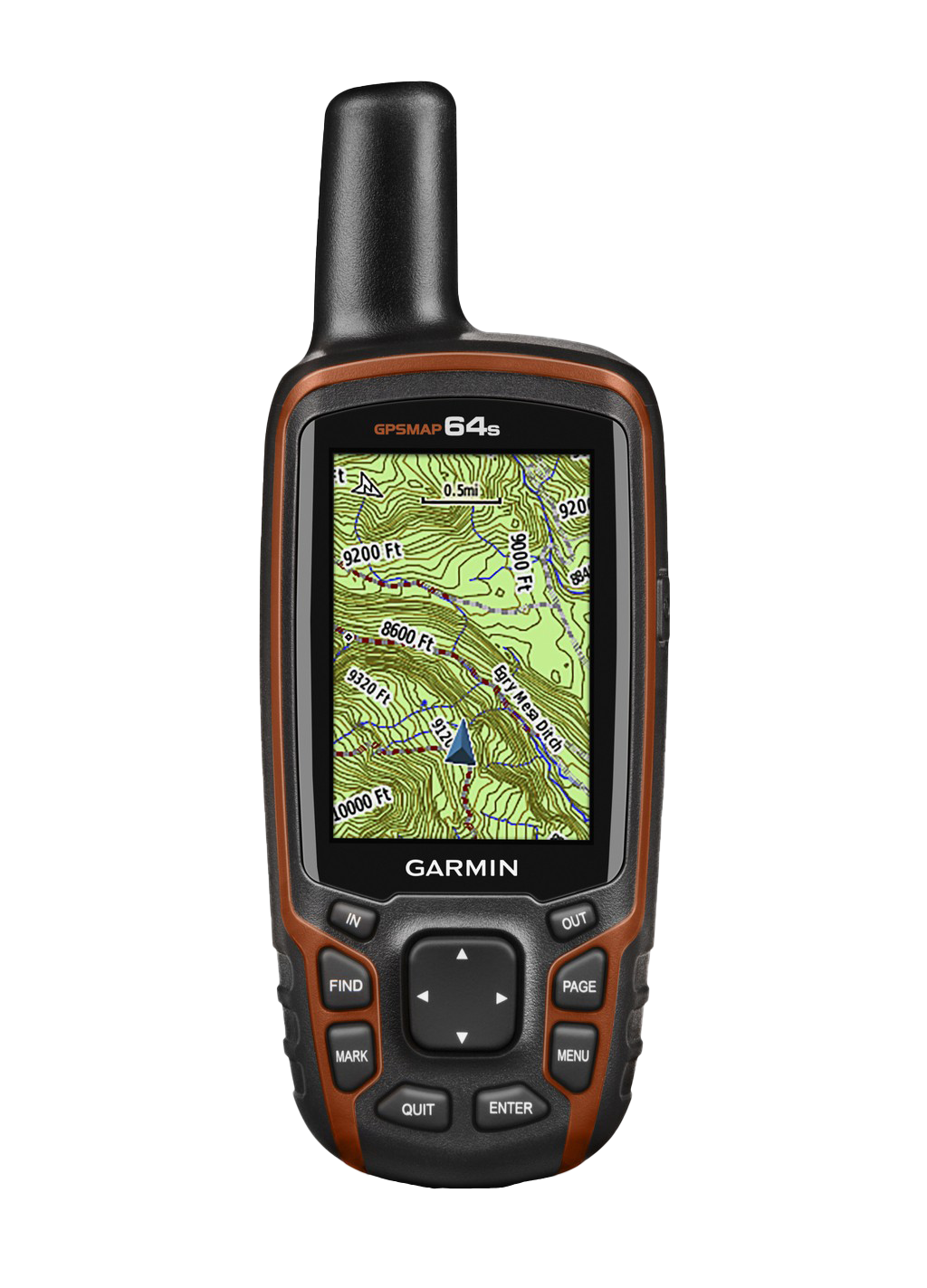 Garmin GPSMAP 64s handheld GPS navigation device with orange/black body and map display.
