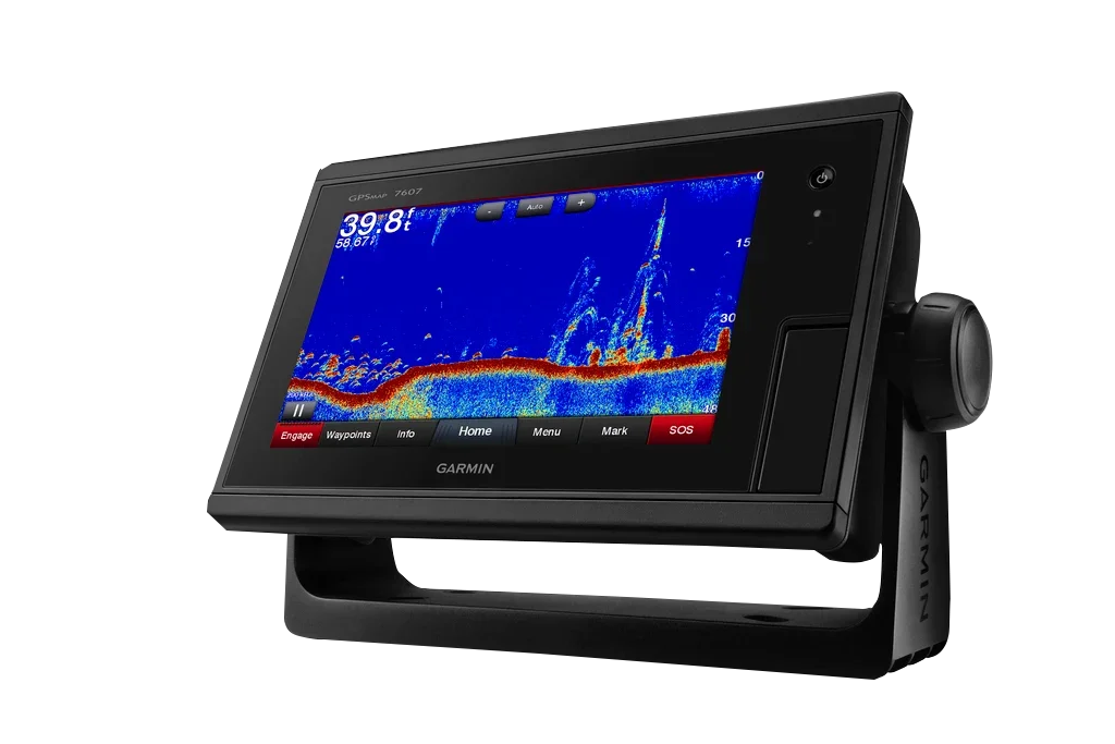 Garmin GPSMAP 7607 marine chartplotter with black housing and mounting stand