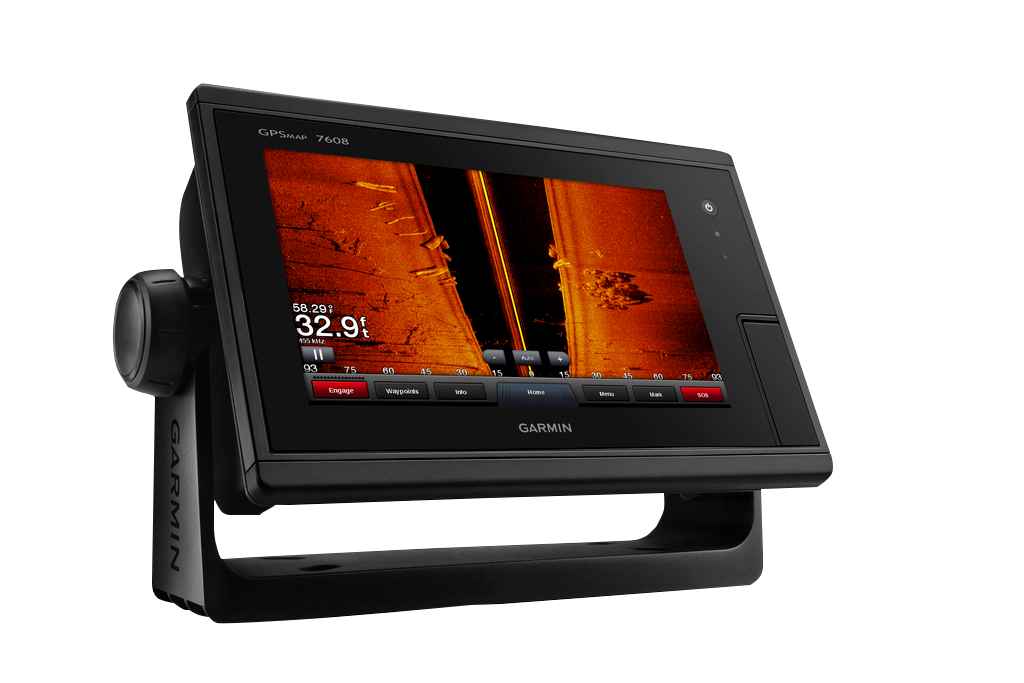 Garmin GPSMAP 7608 marine chartplotter in black on mounting bracket