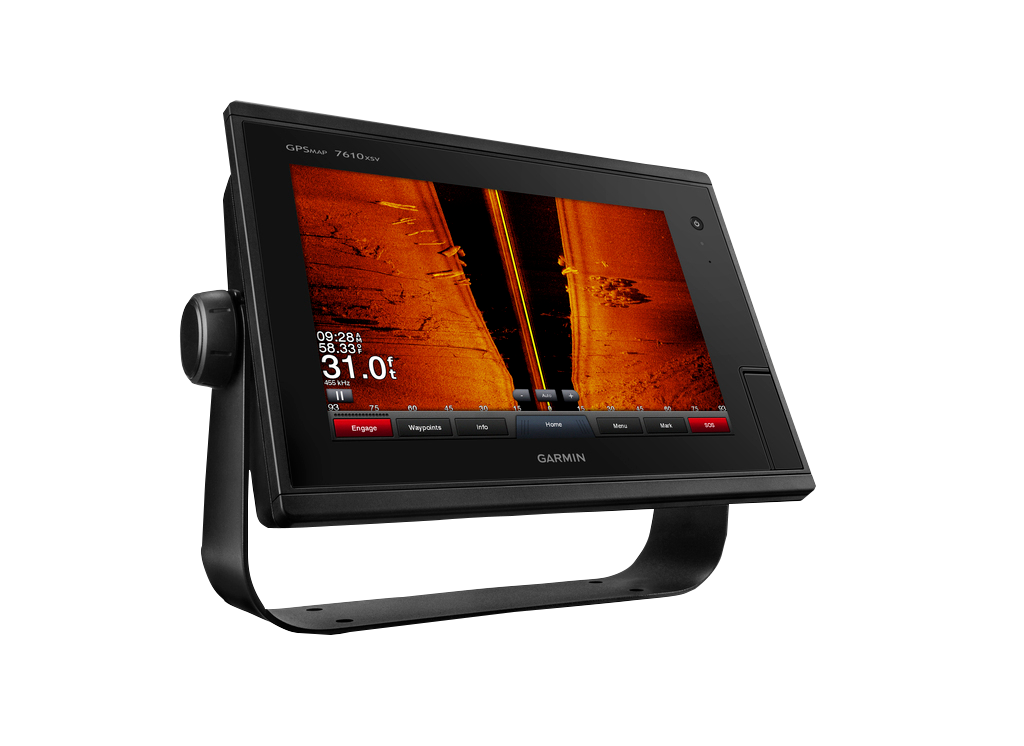 Garmin GPSMAP 7610xsv marine chartplotter with black bezel on a mounting bracket