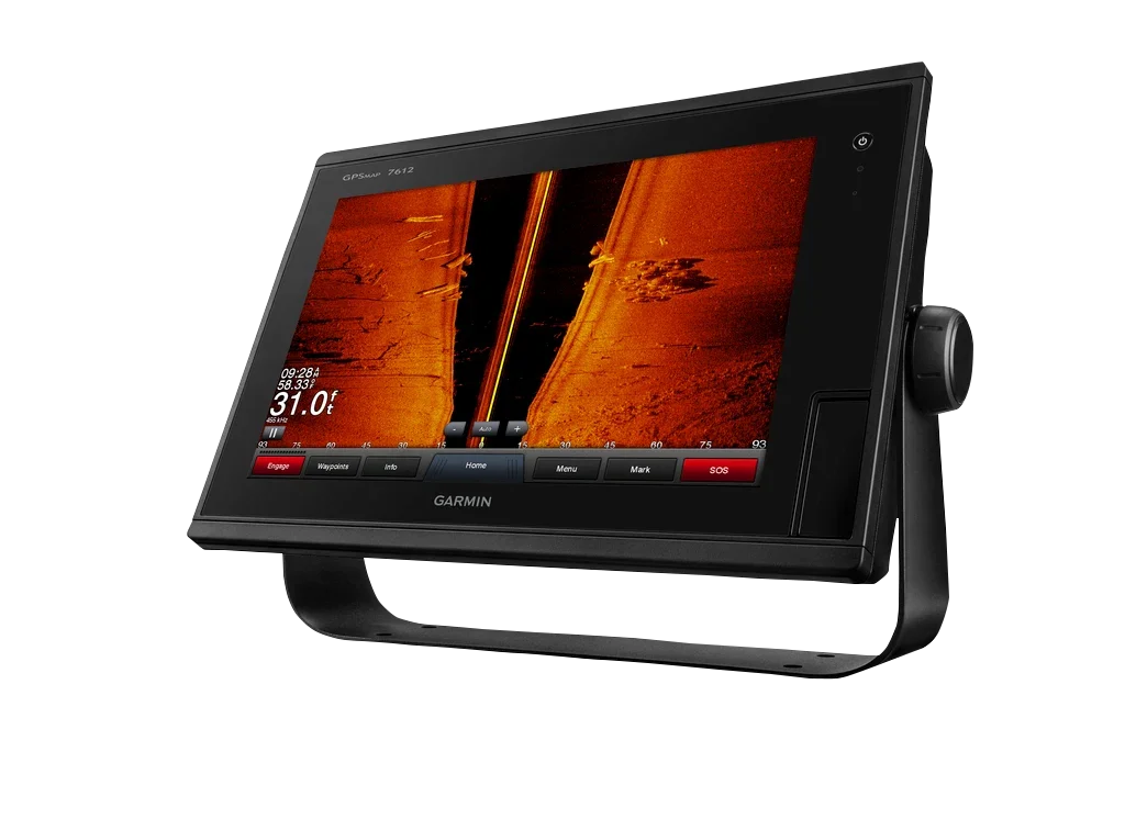 Garmin GPSMAP 7612xsv marine chartplotter with black display on curved mounting stand