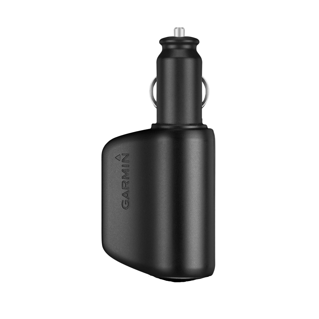 Garmin high-speed multi-charger car charger, black plastic housing with Garmin branding; compact automotive accessory for GPS devices