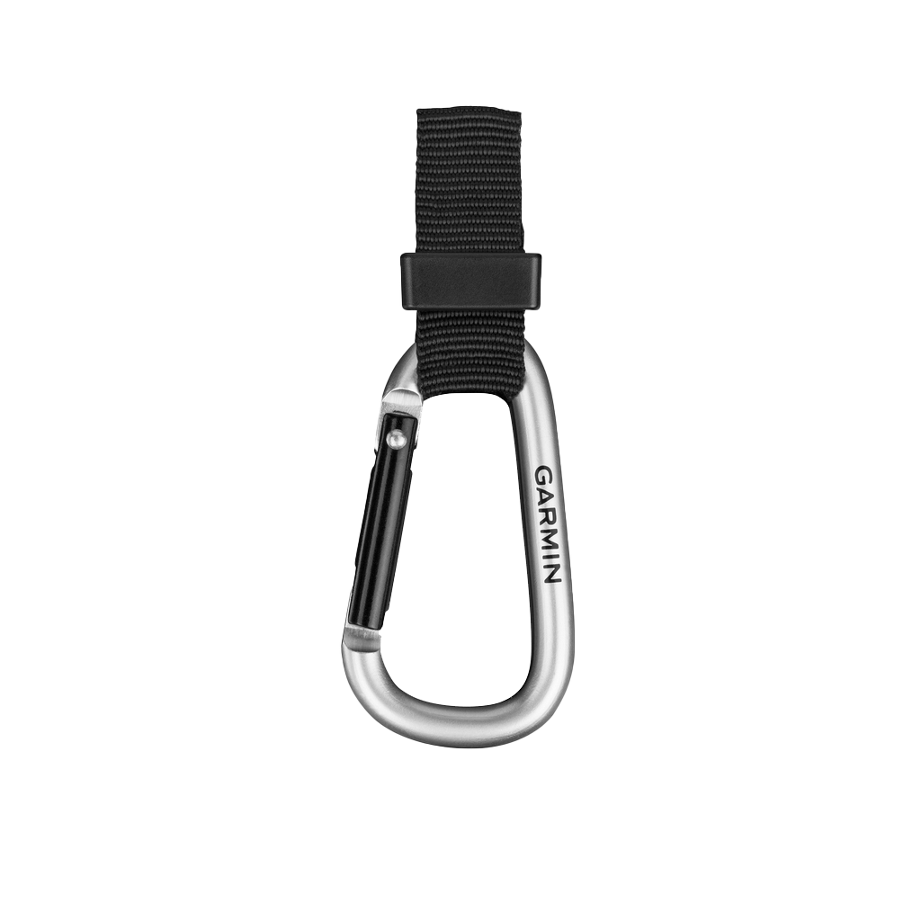 Garmin lanyard carabiner, black nylon strap with silver aluminum carabiner