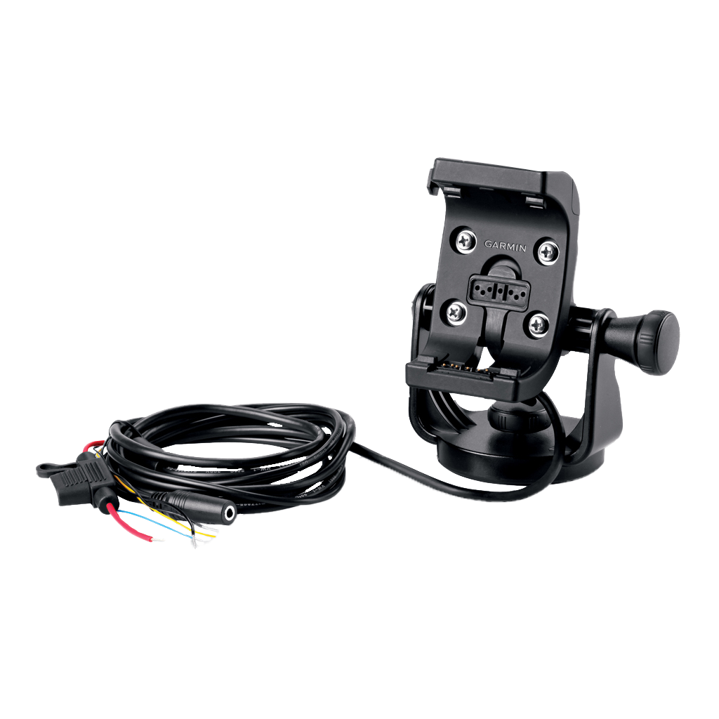 Garmin 2-piece marine mount and power cable kit, black plastic unit with wiring harness.