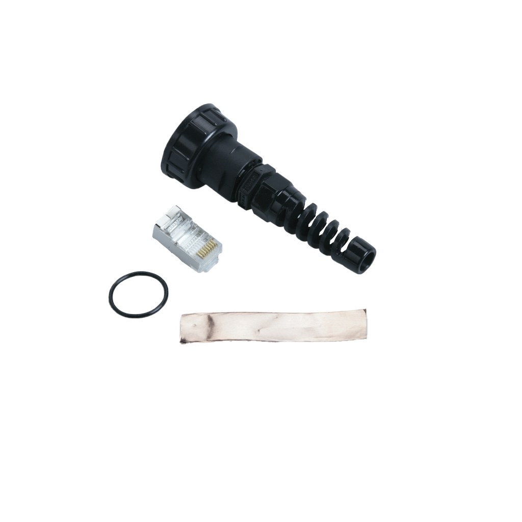 Garmin Marine Network Cable Connectors 2-pack with black connector, RJ-style plug, gasket, and grounding strip