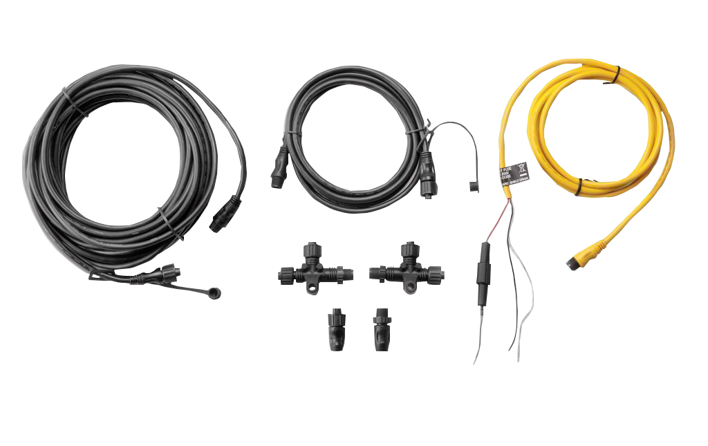 Garmin NMEA 2000 Starter Kit contents: black backbone cables, T-connectors, terminators, and a yellow network cable.