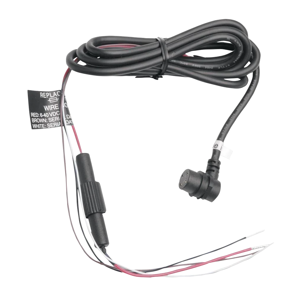 Garmin power/data cable for marine electronics; black coiled cord with exposed red and white wires and round connector