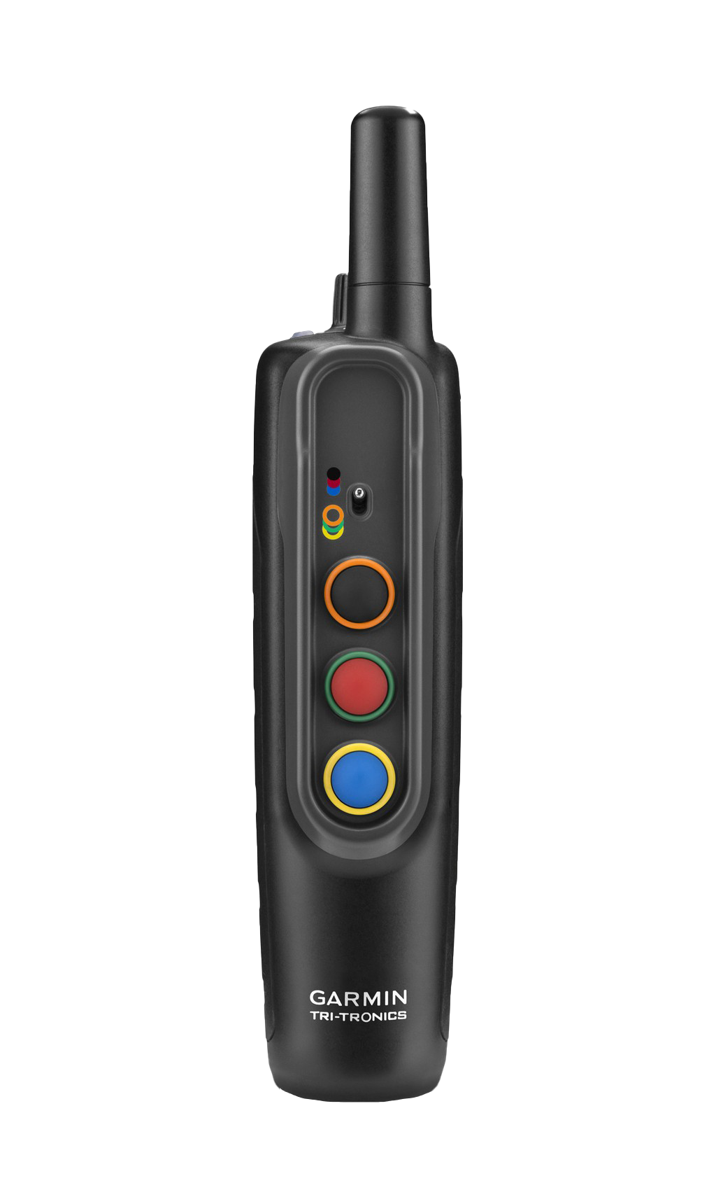 Garmin PRO 70 handheld remote by Garmin Tri-Tronics; black body with orange, red, green, and blue circular buttons.