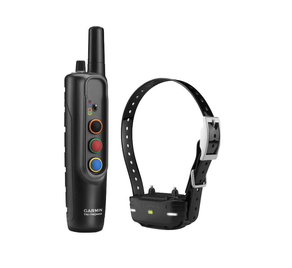 Garmin PRO 70 System dog training remote and collar; black handheld with color-coded buttons and green LED collar